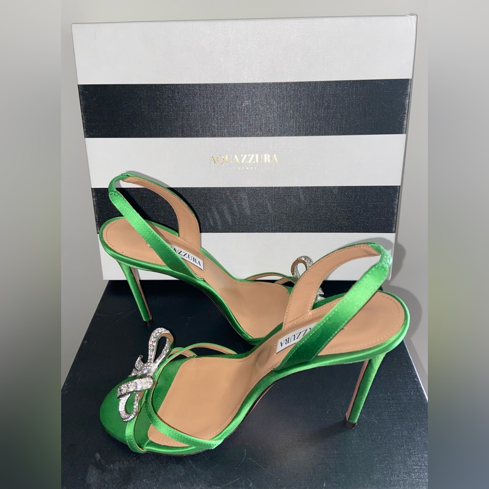 Aquazzura Babe 105 Sandal in Green Satin w/ Crystal Embellished Bows